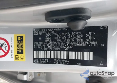 2013 Toyota Highlander Limited V6 z USA, uszkodzony, nr VIN 5TDDK3EH9DS268902